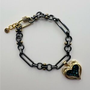Gunmetal & Gold Tone Bracelet with Heart Faux Abalone Charm